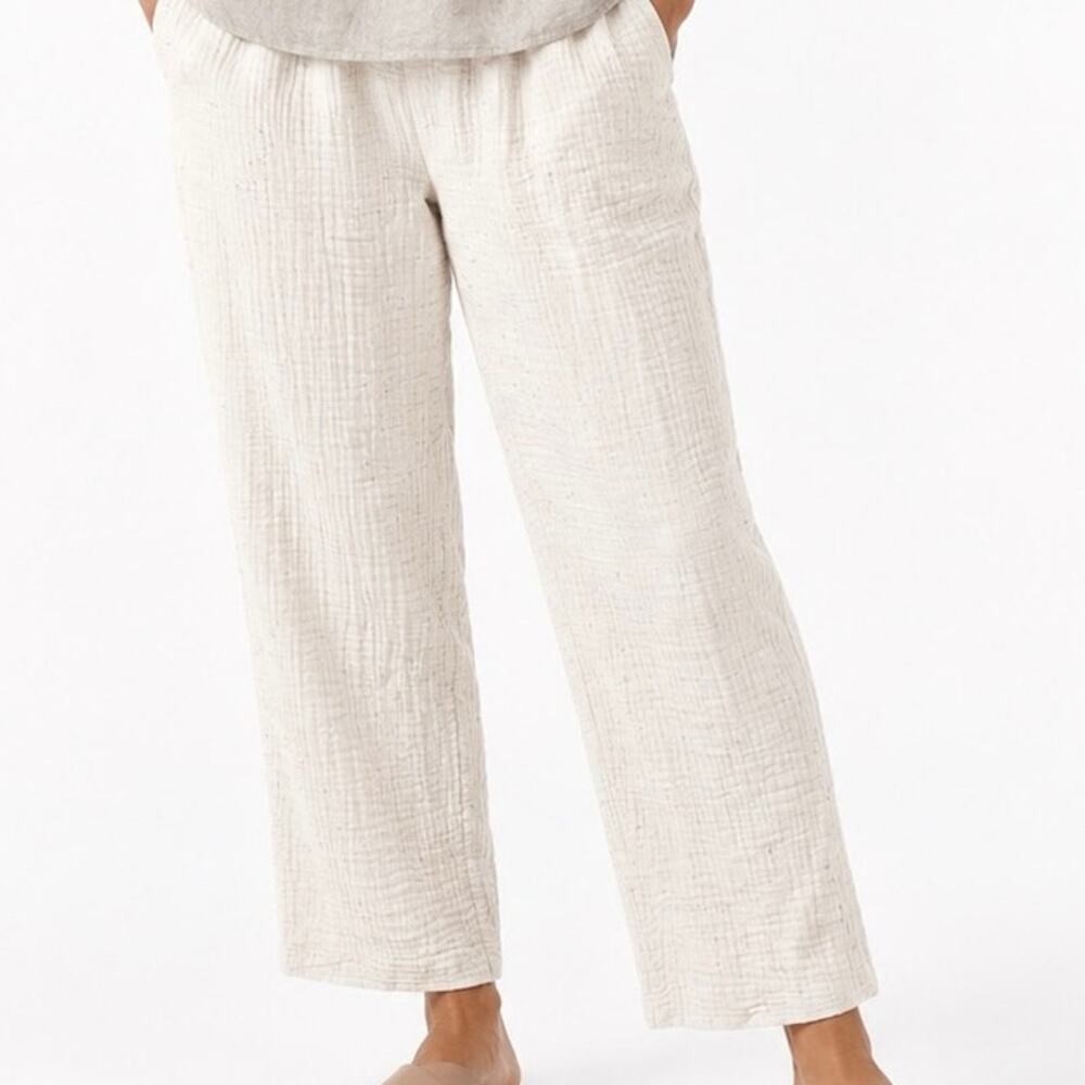 Preppy Casual Gauzy Speckled Cream 100% Cotton Pull On Wide Leg Trousers Sz LT